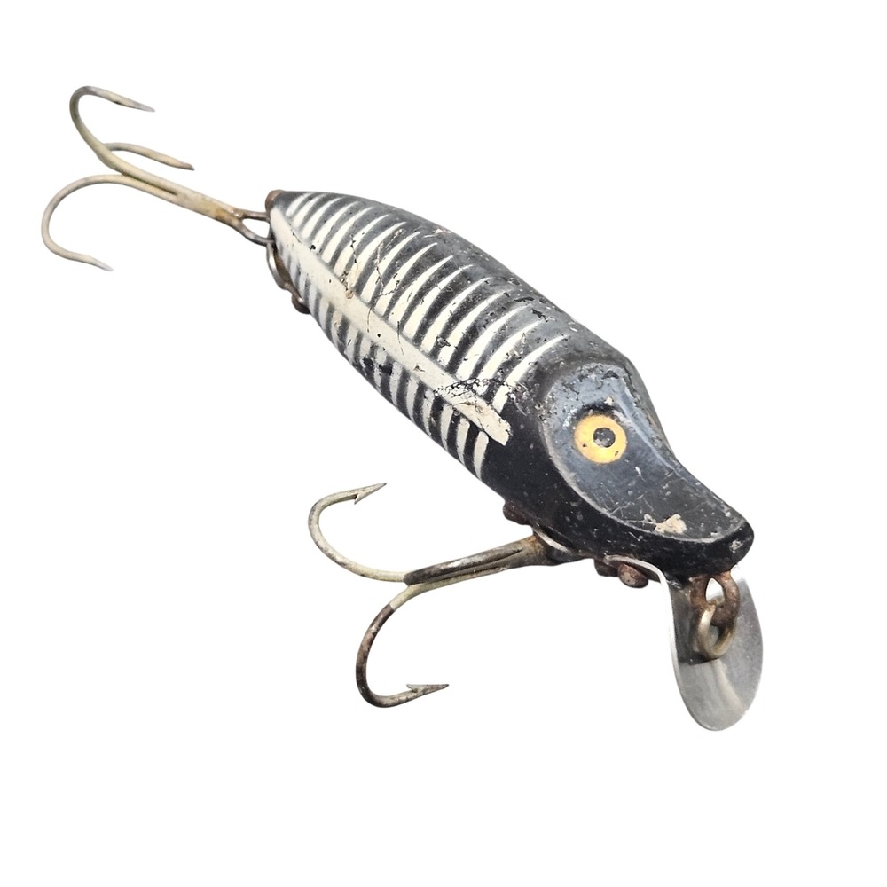 Vintage‎ Fishing Lure Heddon River Runt Spook Floater Black Shore Minnow Tackle